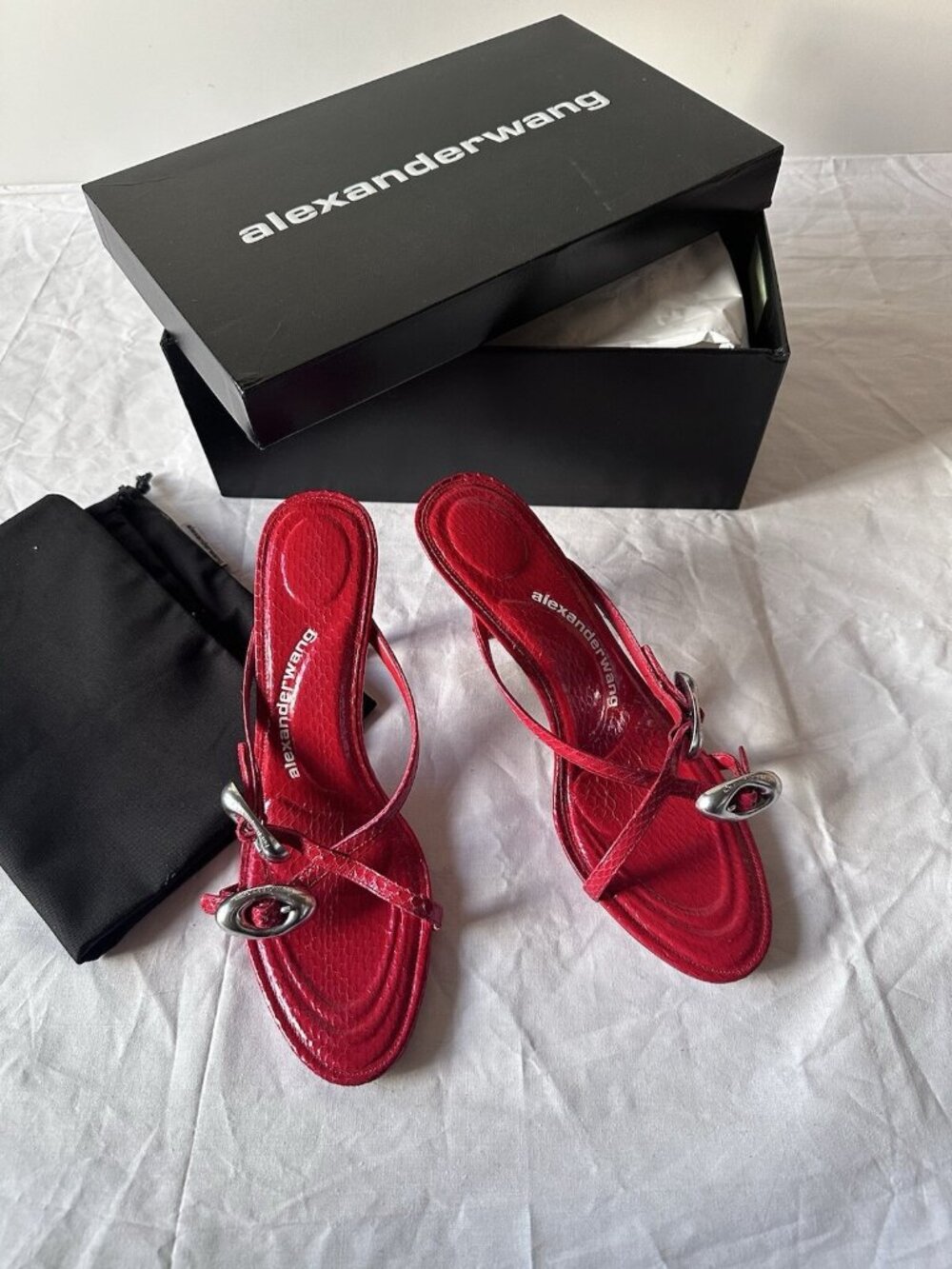Alexander Wang Dome Strappy Slide Sandals Heels Bright Red Snake